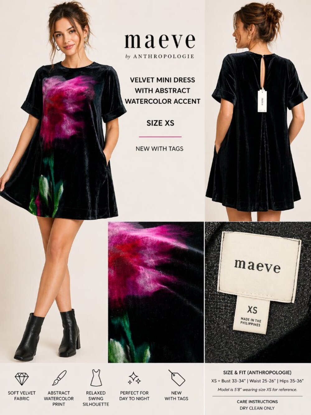 Maeve Velvet Abstract Print Mini Dress XS NWT